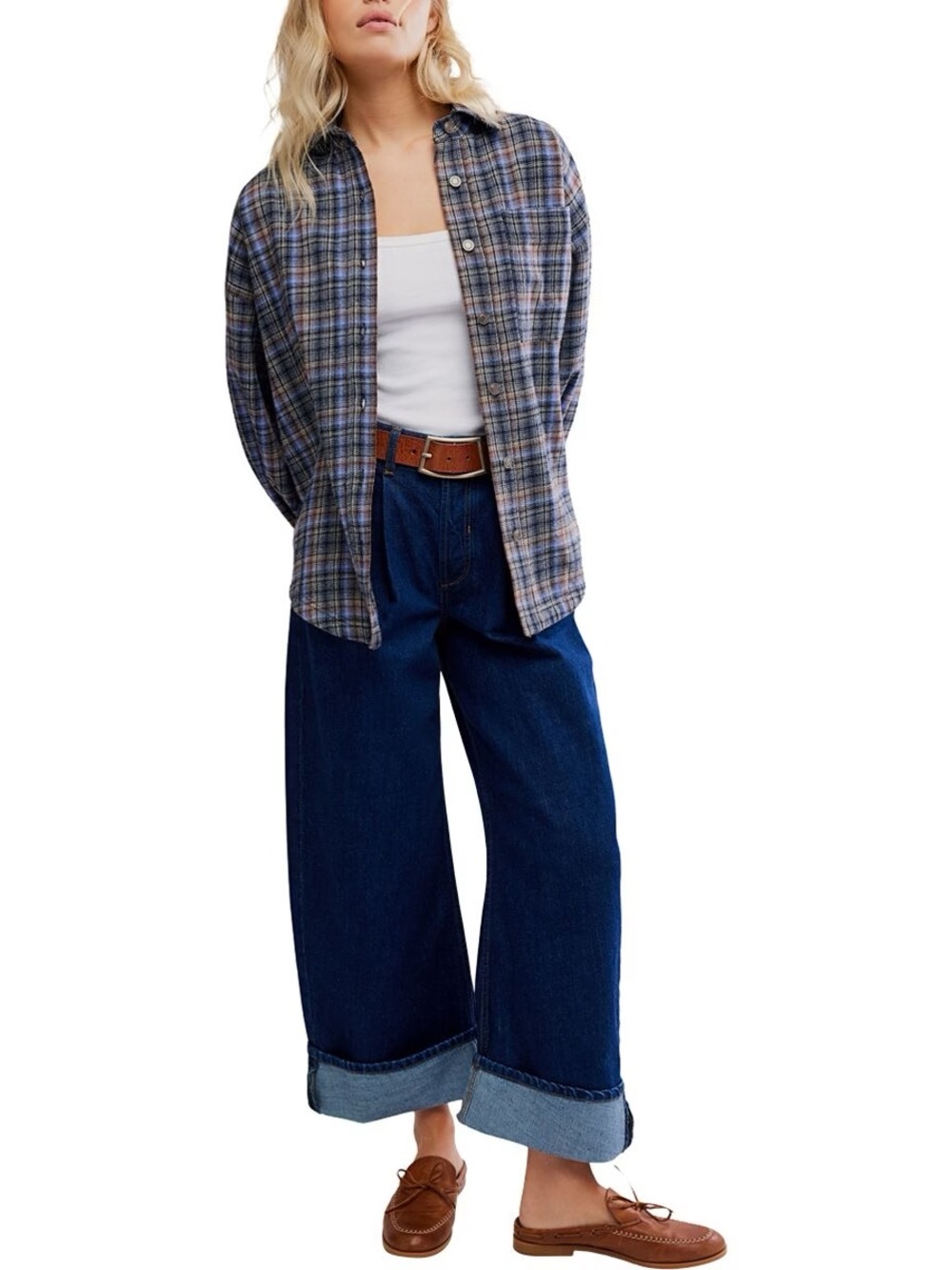 1541. FREE PEOPLE We The Free Ashley Flannel shirt in Blue Combo Sz XS NWT $148